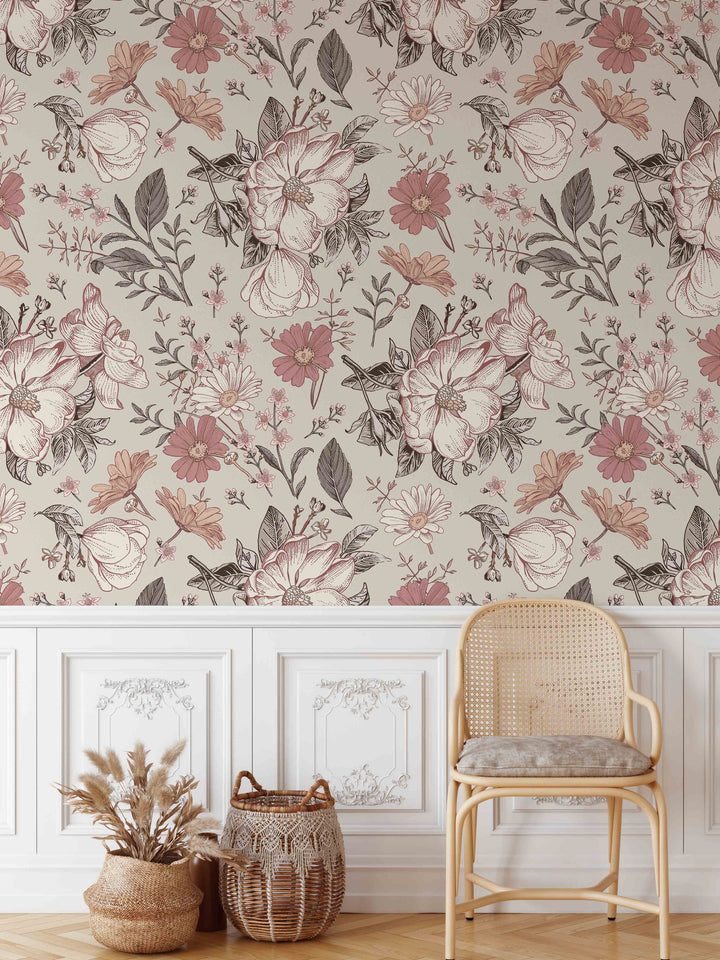 Vintage Floral Soft Blush Wallpaper Mural