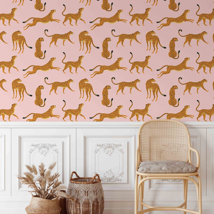 Papel Pintado De Guepardo Boho Rosa