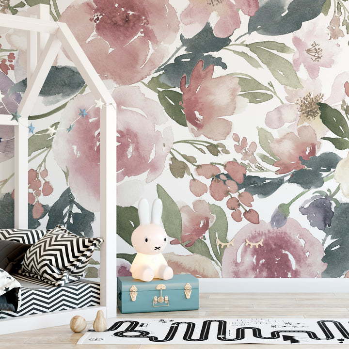 Rose Bloom Watercolor Botanical Mural