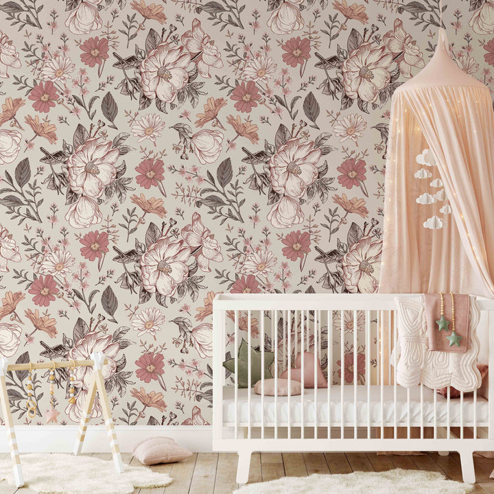 Vintage Floral Soft Blush Wallpaper Mural