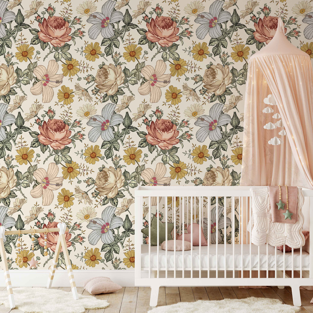 Vintage Floral Wallpaper | Peel and Stick Wallpaper | Koko Art Shop