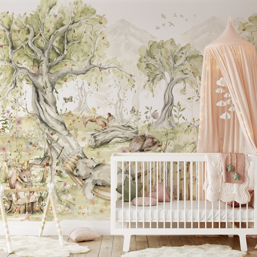 Watercolor Playful Animals Forest  Mural