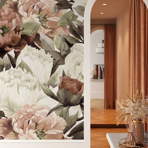 Boho Burnt Orange Blush Peonies Wallpaper Mural