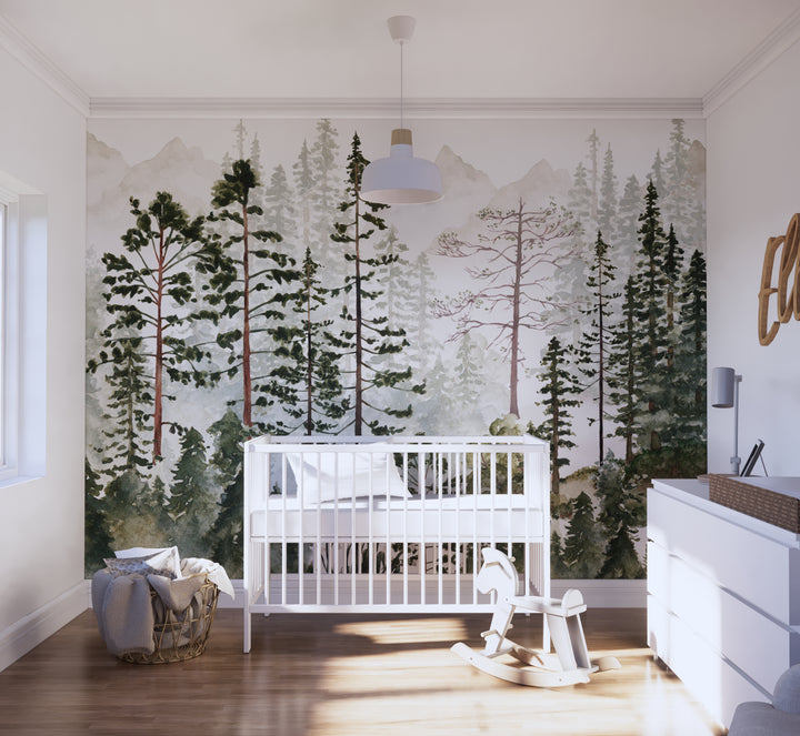 Foggy Pine Tree Forest Mural