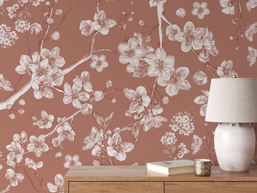 Aged Clay Japanese Blossom Mural