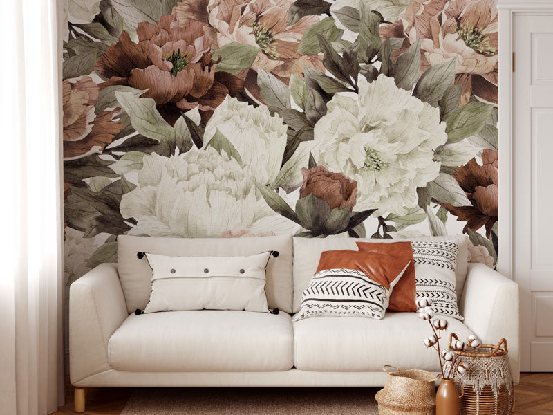 Boho Burnt Orange Blush Peonies Wallpaper Mural