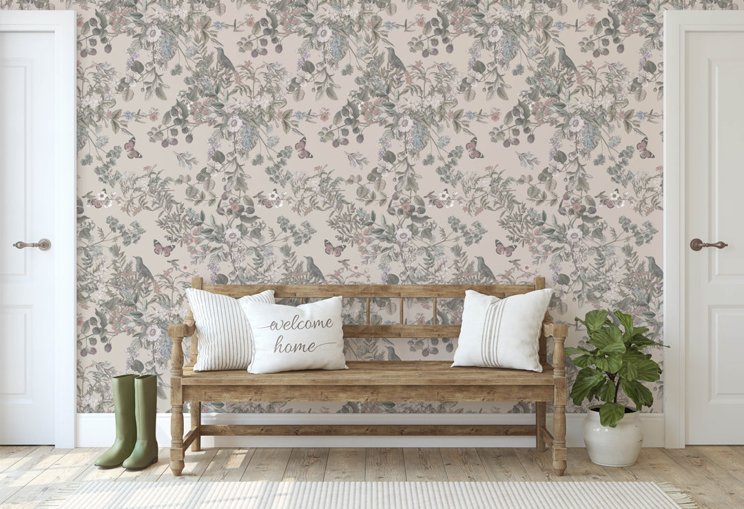 Light Tan Vintage Botanical Wildflowers Wallpaper