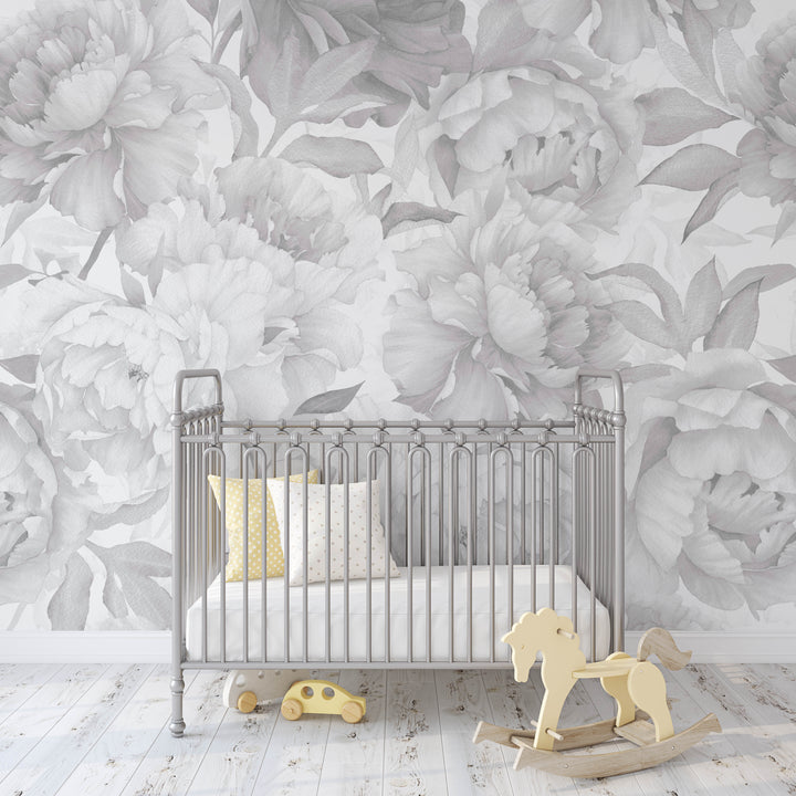 Soft Gray Peonies Wallpaper Mural