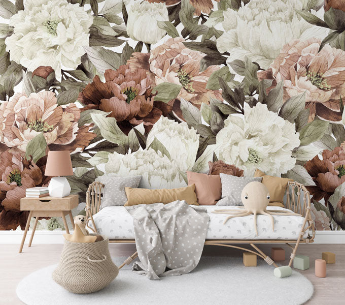 Boho Burnt Orange Blush Peonies Wallpaper Mural