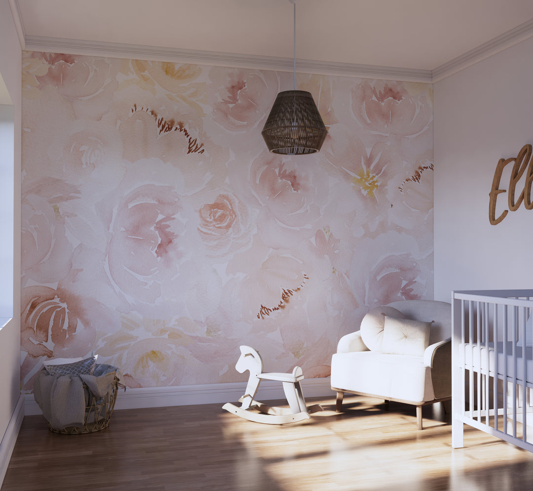 Soft Blush Watercolor Peony Mural