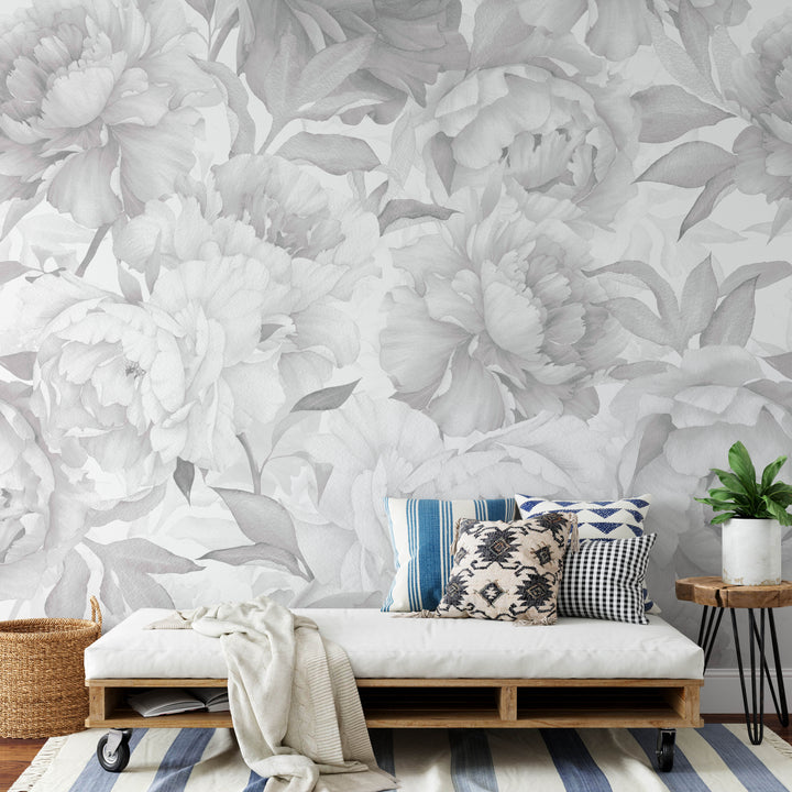 Soft Gray Peonies Wallpaper Mural