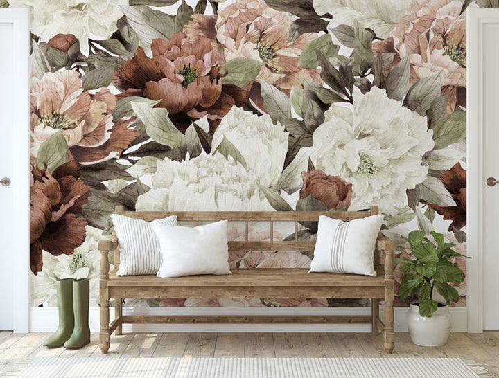 Boho Burnt Orange Blush Peonies Wallpaper Mural