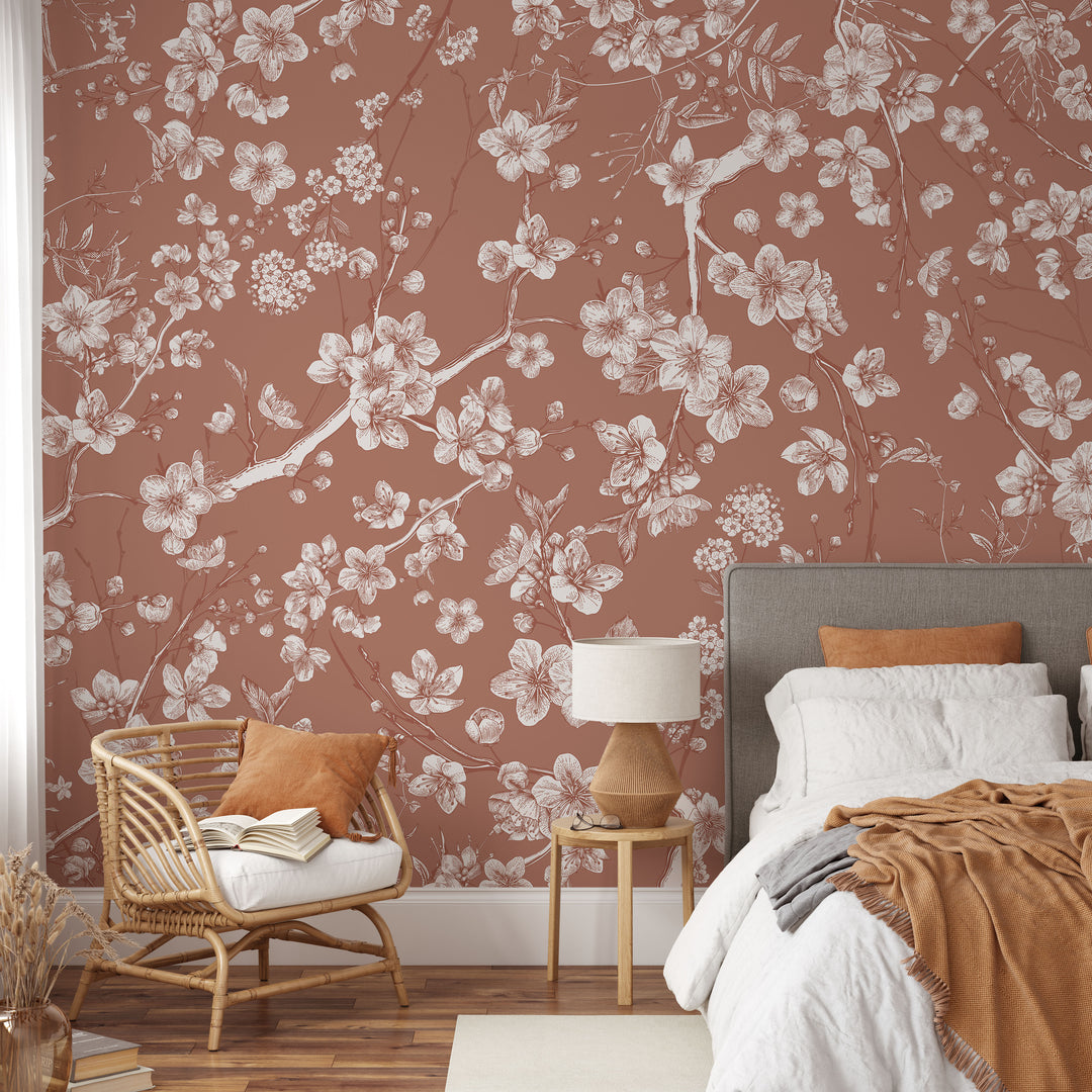 Aged Clay Japanese Blossom Mural