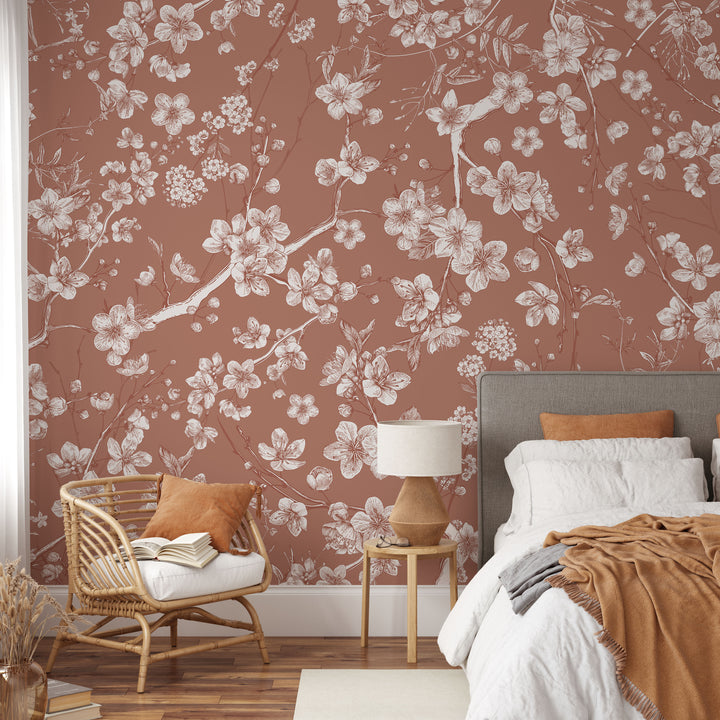 Aged Clay Japanese Blossom Mural