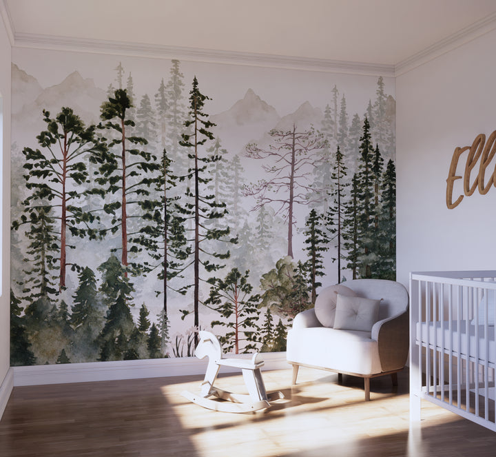 Foggy Pine Tree Forest Mural