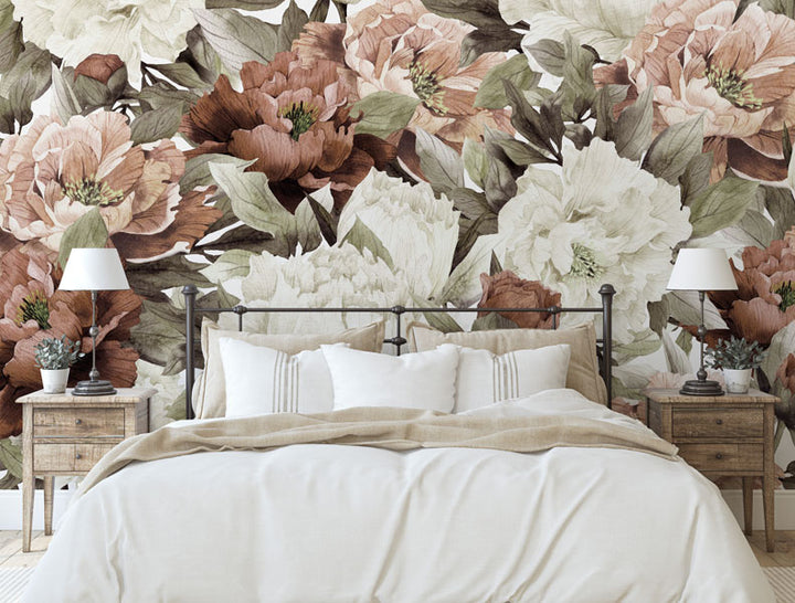 Boho Burnt Orange Blush Peonies Wallpaper Mural