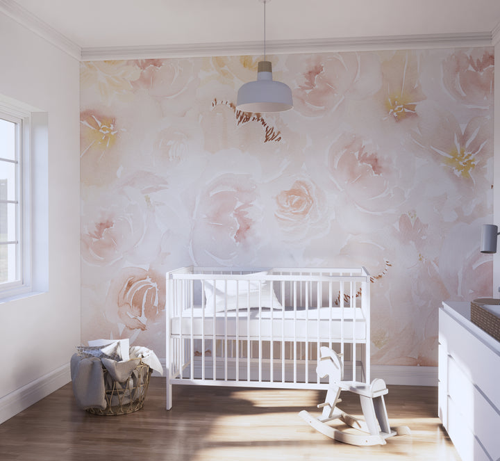 Soft Blush Watercolor Peony Mural