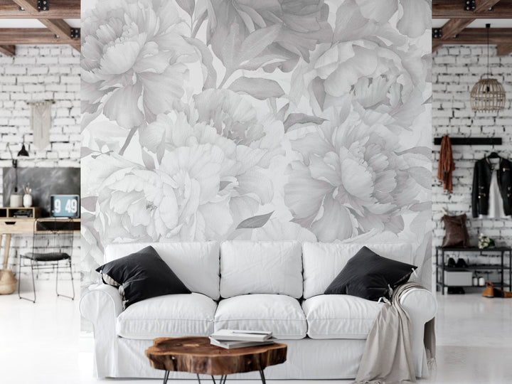 Soft Gray Peonies Wallpaper Mural