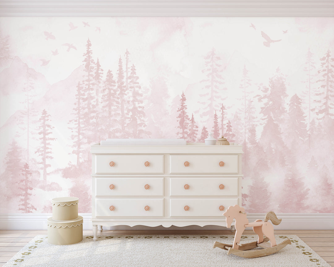 Girly Winter Forest in Pink Mural