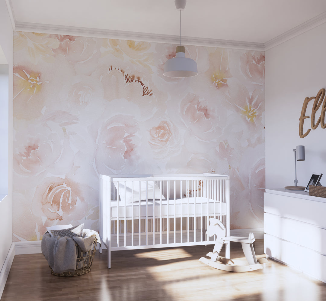 Soft Blush Watercolor Peony Mural