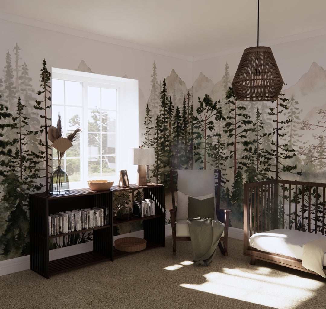 Foggy Pine Tree Forest Mural