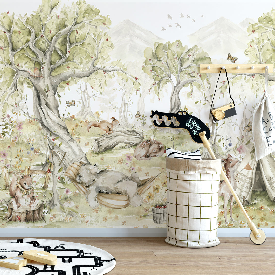 Watercolor Playful Animals Forest  Mural