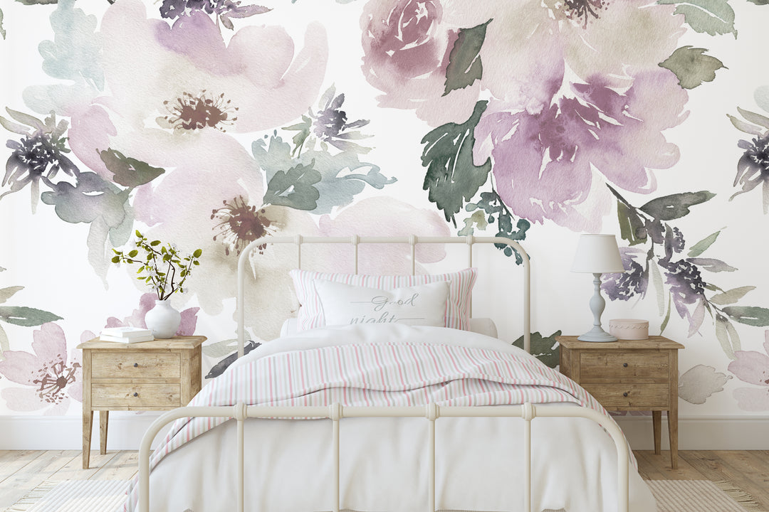 Muted Watercolor Peonies and Roses Wallpaper Mural