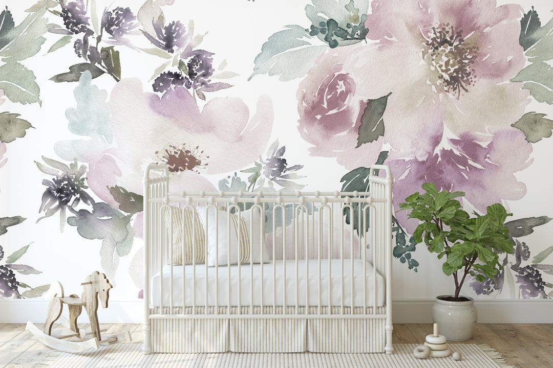 Muted Watercolor Peonies and Roses Wallpaper Mural