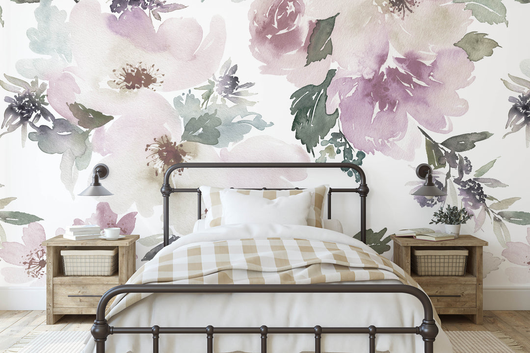 Muted Watercolor Peonies and Roses Wallpaper Mural