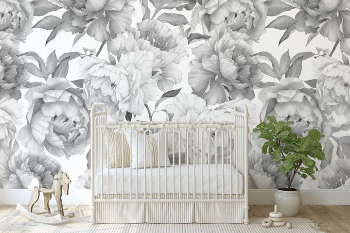 Gray Peonies Floral Wallpaper Mural