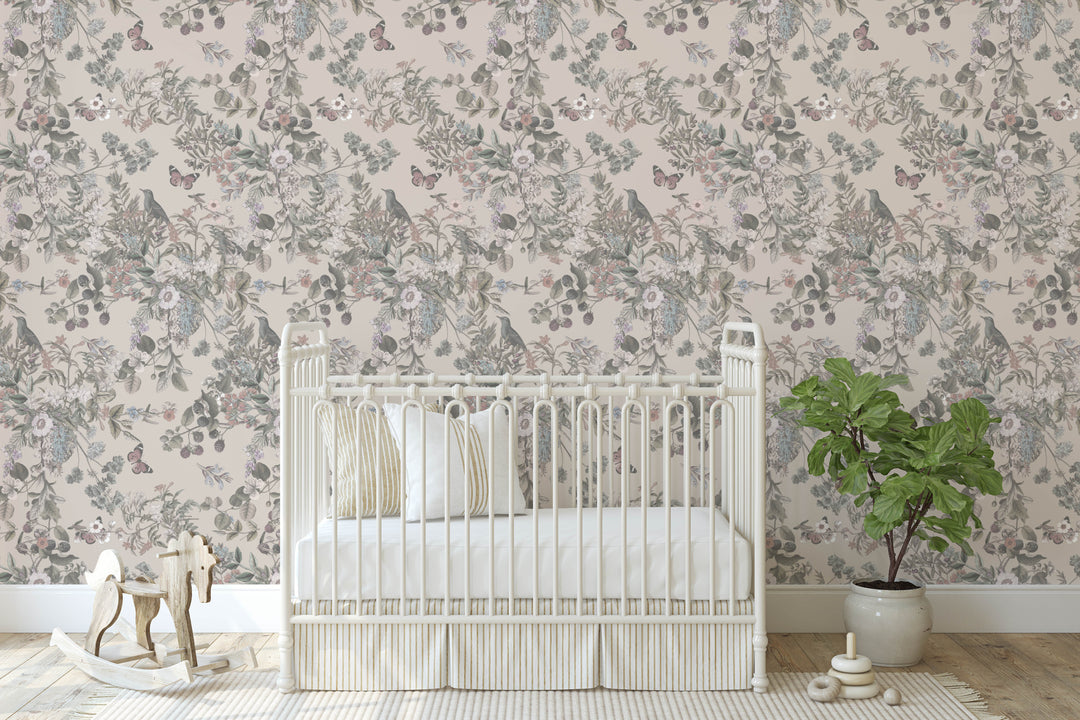 Light Tan Vintage Botanical Wildflowers Wallpaper