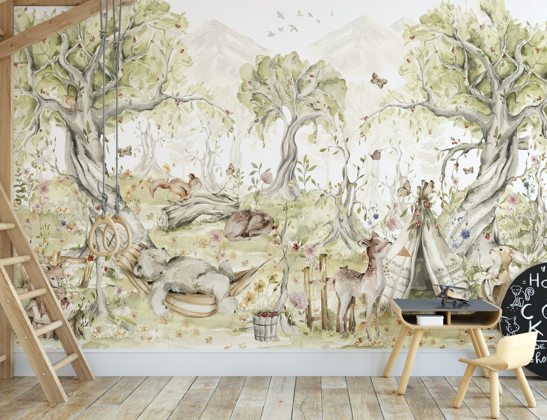 Watercolor Playful Animals Forest  Mural