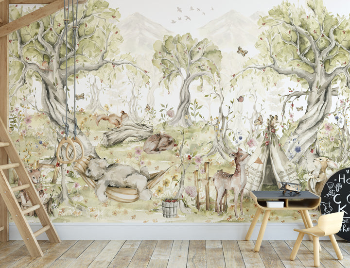 Watercolor Playful Animals Forest  Mural