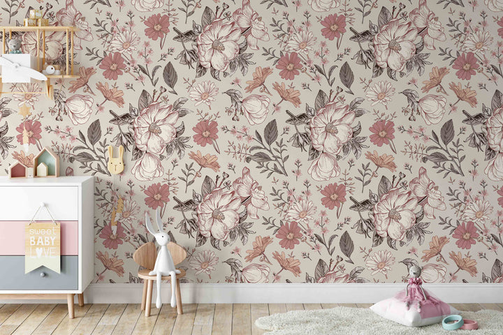Vintage Floral Soft Blush Wallpaper Mural