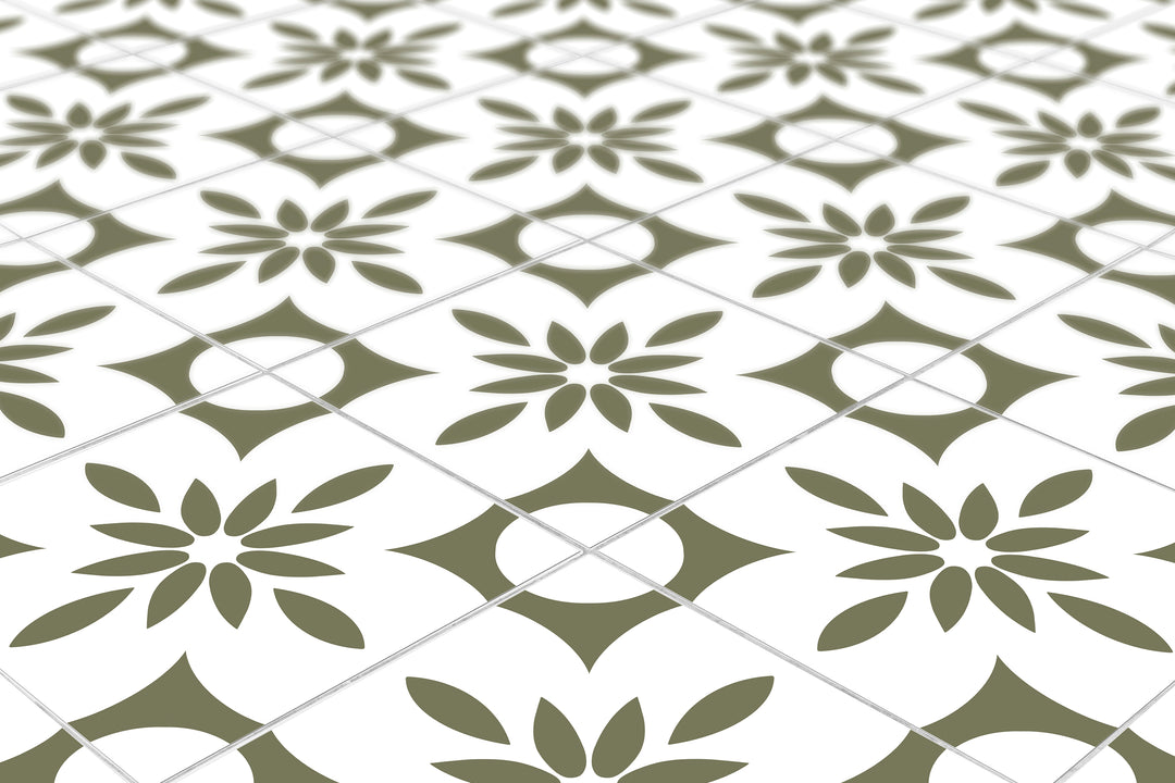 Paquete de pegatinas de vinilo con calcomanías de azulejos boho en color verde oliva y blanco