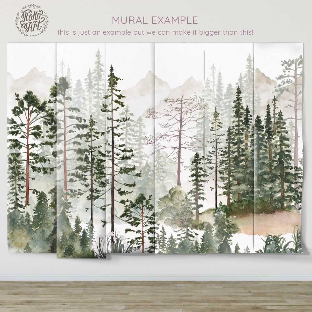 Foggy Pine Tree Forest Mural