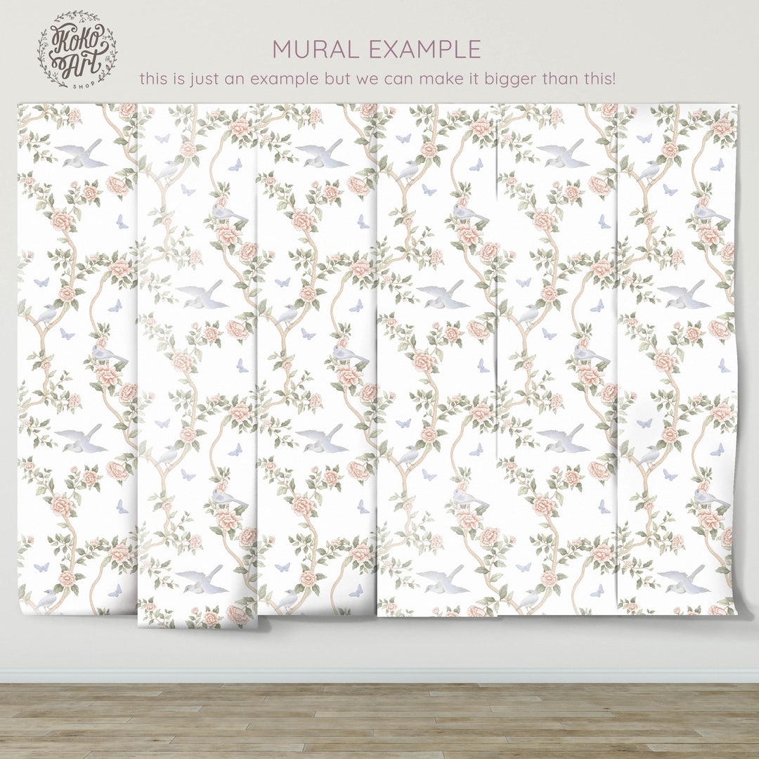 Le Tariche Chinoiserie Mural in Pastels and White