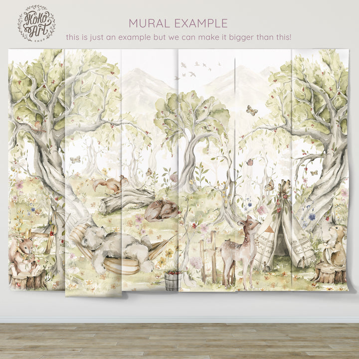 Watercolor Playful Animals Forest  Mural