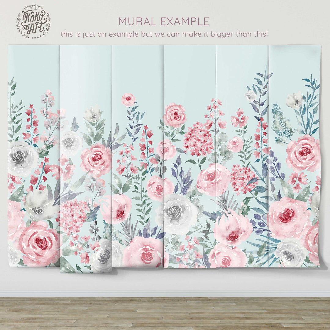 Mural floral de flores silvestres de primavera azul Geraldine