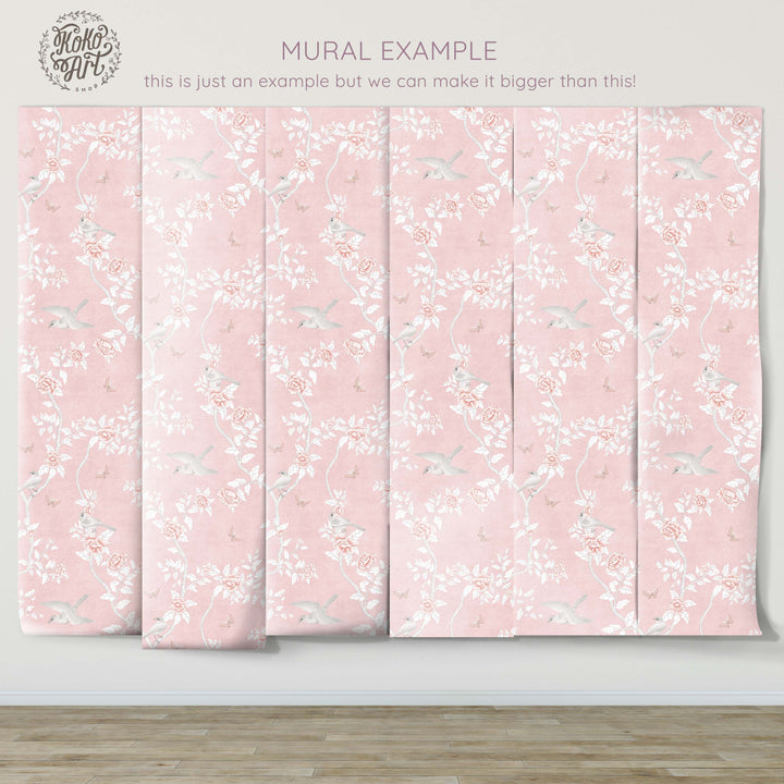 Le Tariche Chinoiserie Mural in White and Pink