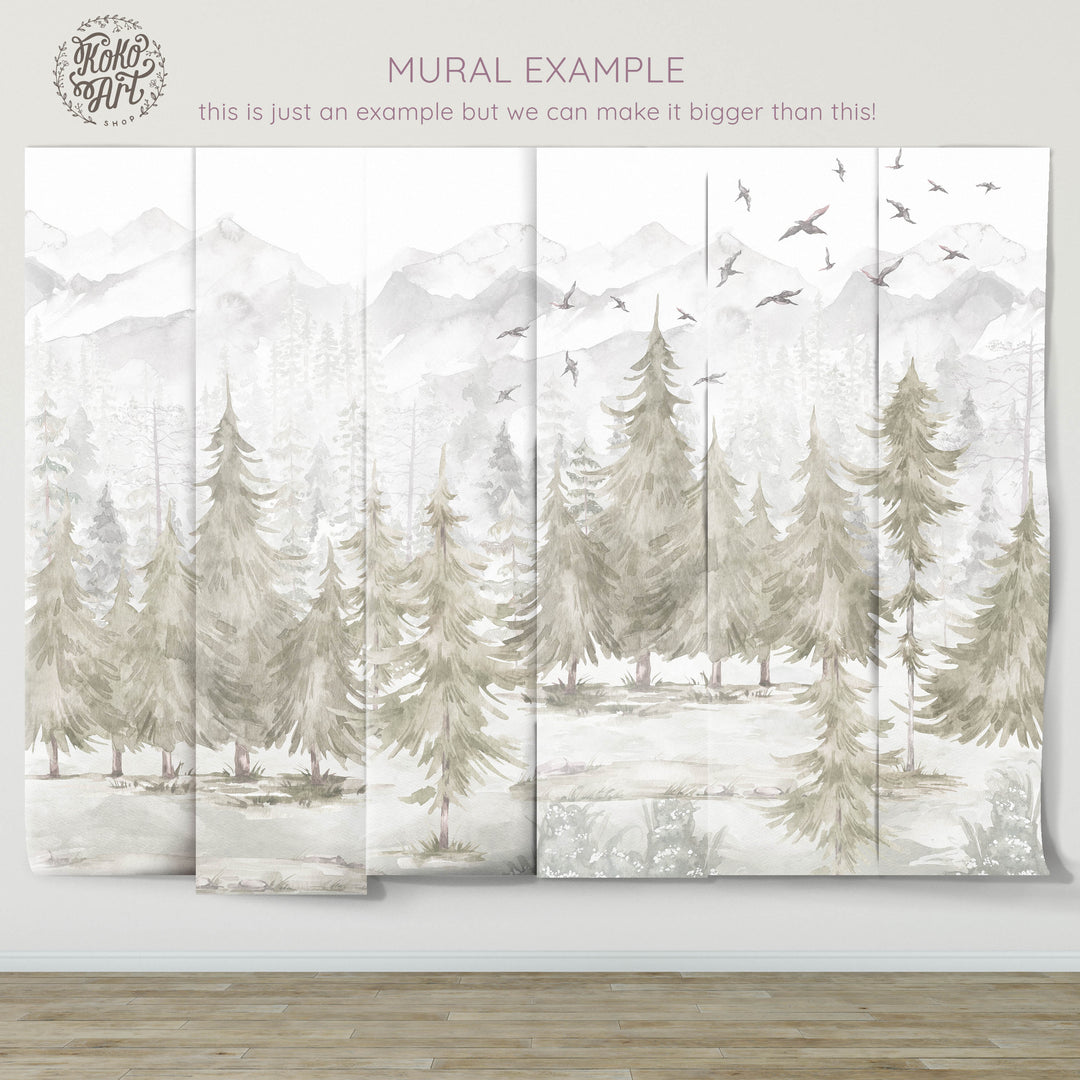 Winter Foggy Watercolor Forest Mural