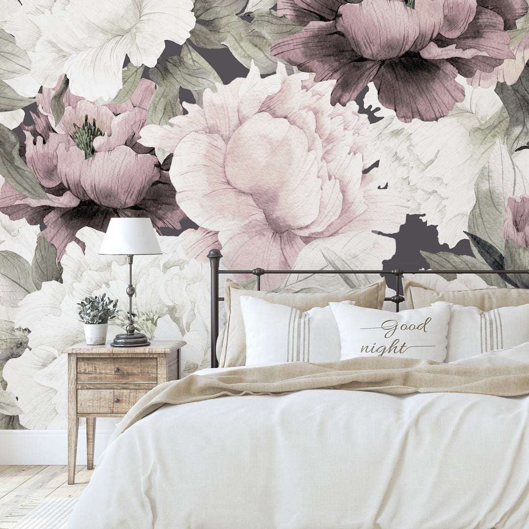 Peonies in Dusty Rose Wallpaper Mural  | Removable Peel and Stick Wallpaper