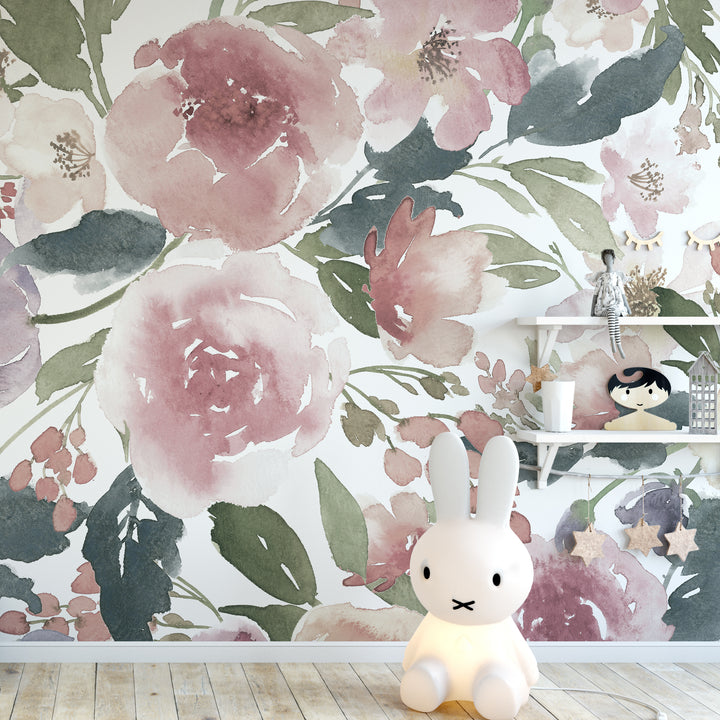 Rose Bloom Watercolor Botanical Mural