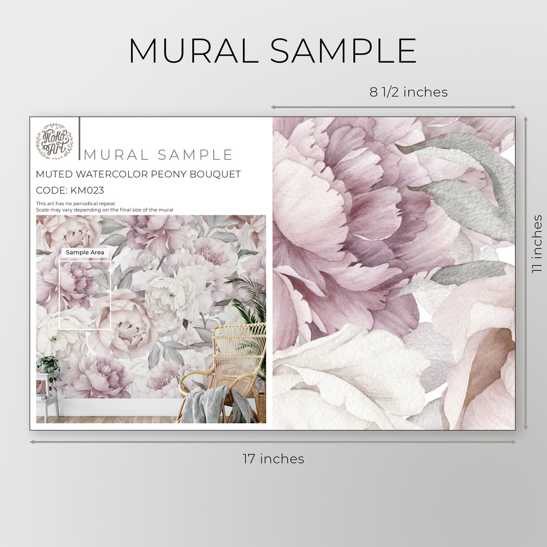 Wallpaper Sample $2 | Muted Watercolor Peony Bouquet | Peel and Stick Wallpaper | Koko Art Shop