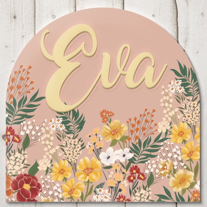 Meadow Flowers in Soft Coral Custom Round Name Sign