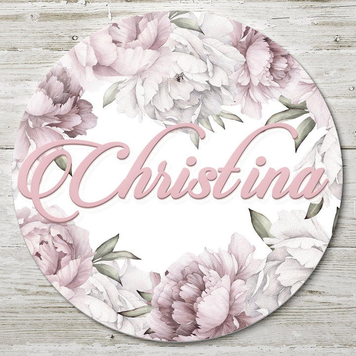 Muted Watercolor Peony Bouquet Custom Round Name Sign