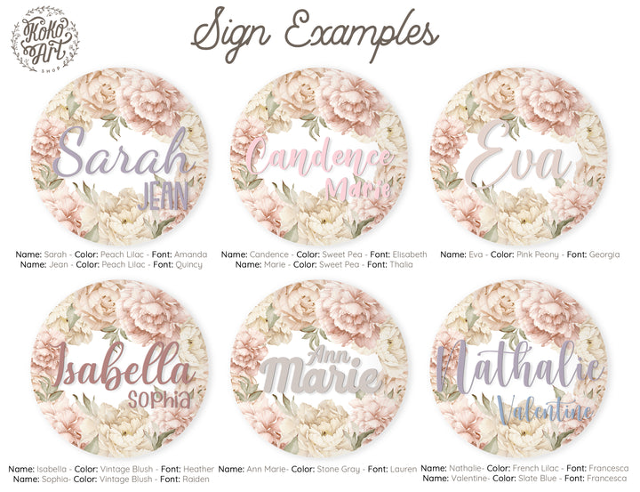 Boho Blush Watercolor Peony Bouquet Custom Round Name Sign