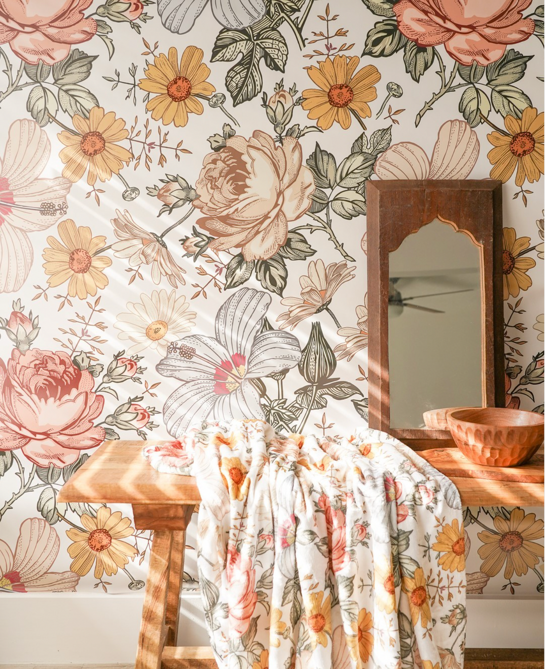 Papier peint adhésif - Vintage Floral Wood Look - Mural Format