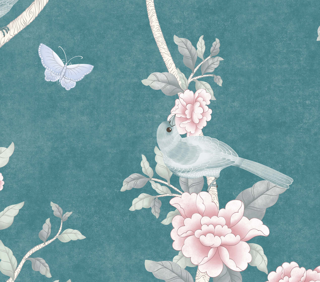 Le Tariche Chinoiserie Mural in Aqua Blue