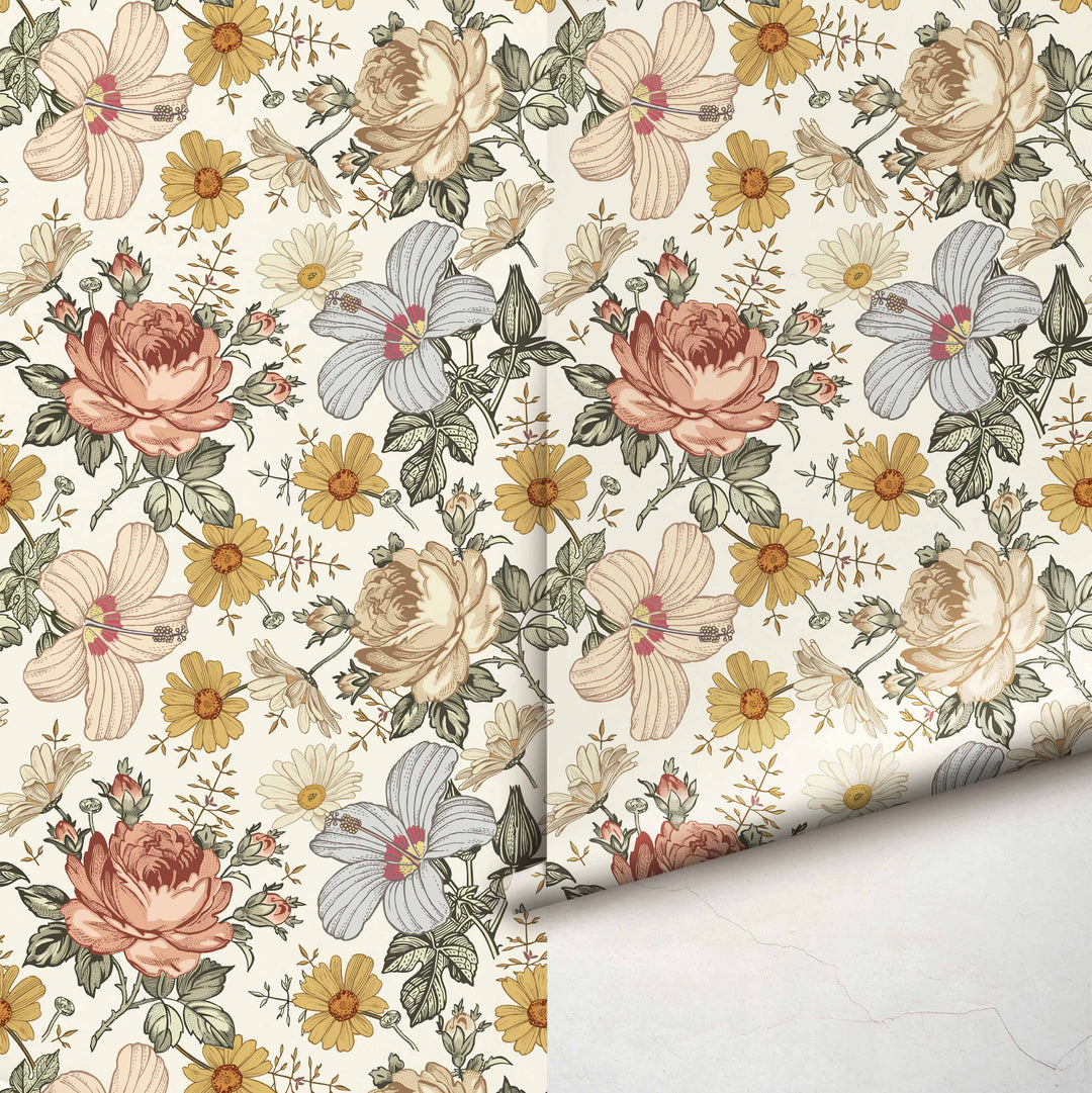 Vintage Floral Wallpaper | Peel and Stick Wallpaper | Koko Art Shop